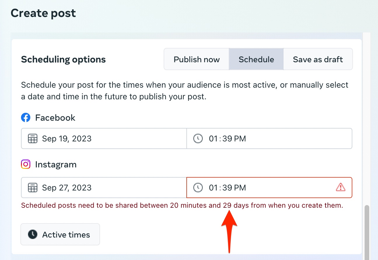 Cant schedule Facebook and Instagram posts more than 29 days in advance